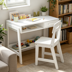 Small White Children's Study Desk with Drawers, Cute Writing Table for Bedroom and Small Spaces