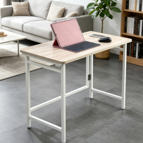 Children’s Study Desk with Top Shelf, Slider and Wheels, Compact Size, Assembly Required, White and Matte White